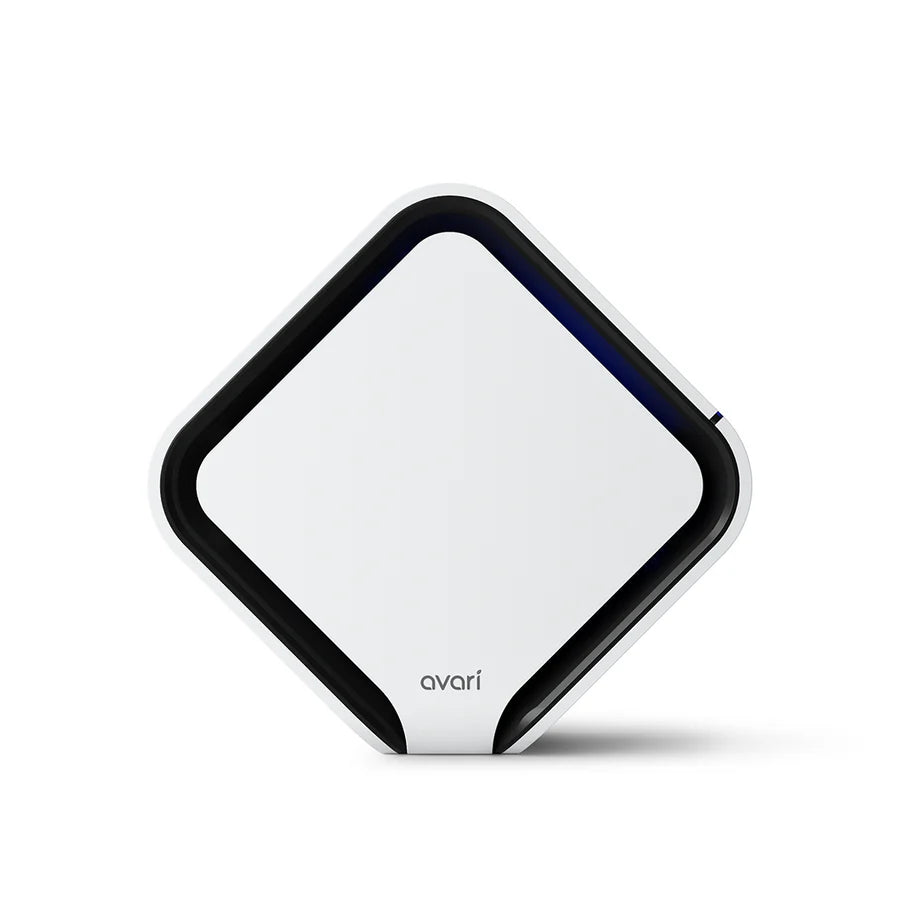 A white Avari QB air purifier with a black rim and a blue LED light on the side, designed in a compact diamond shape image