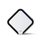 A white Avari QB air purifier with a black rim and a blue LED light on the side, designed in a compact diamond shape image