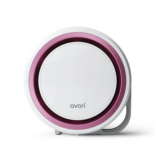 A white Avari 525 Electrostatic Air Purifier with a pink ring around the base and the brand name visible on the front.