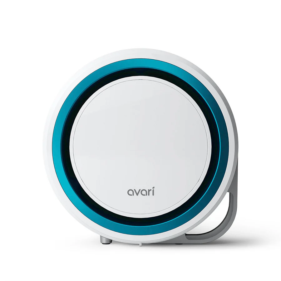 A white Avari 525 Electrostatic Air Purifier with a blue ring around the base and the brand name visible on the front.