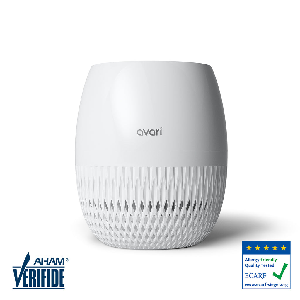 A white Avari EG air purifier with a 4-stage embossed HEPA filter, carbon deodorizer filter, and UV LED sanitizer front view