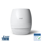 A white Avari EG air purifier with a 4-stage embossed HEPA filter, carbon deodorizer filter, and UV LED sanitizer front view