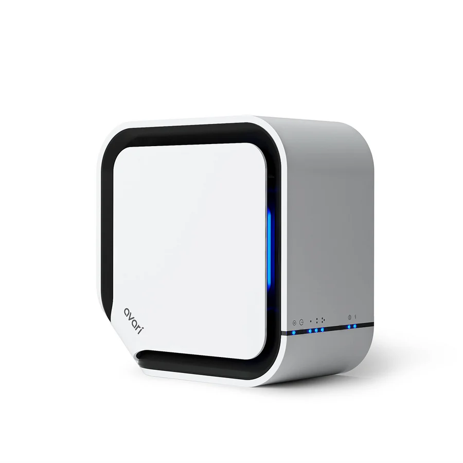 A white Avari QB air purifier with a black rim and blue LED lights on the front, designed to be compact and silent side view image