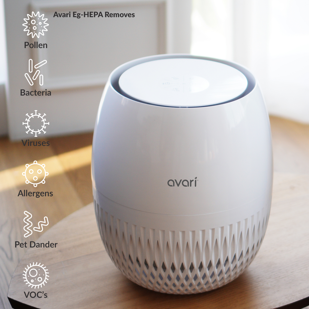 avari AV-EG air purifier removes pollen, bacteria, viruses, allergens, pet dander, vocs
