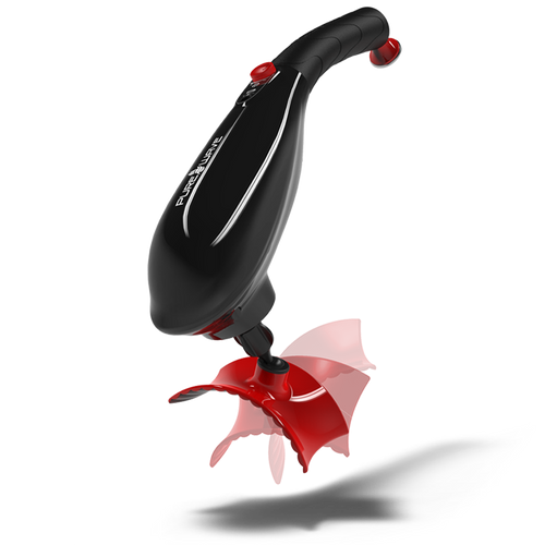 PUREWAVE black CM07 massager with 3d pivot attachment on percussion side and face massage tip on the handle micro-vibration side on trasparent background