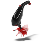 PUREWAVE black CM07 massager with 3d pivot attachment on percussion side and face massage tip on the handle micro-vibration side on trasparent background