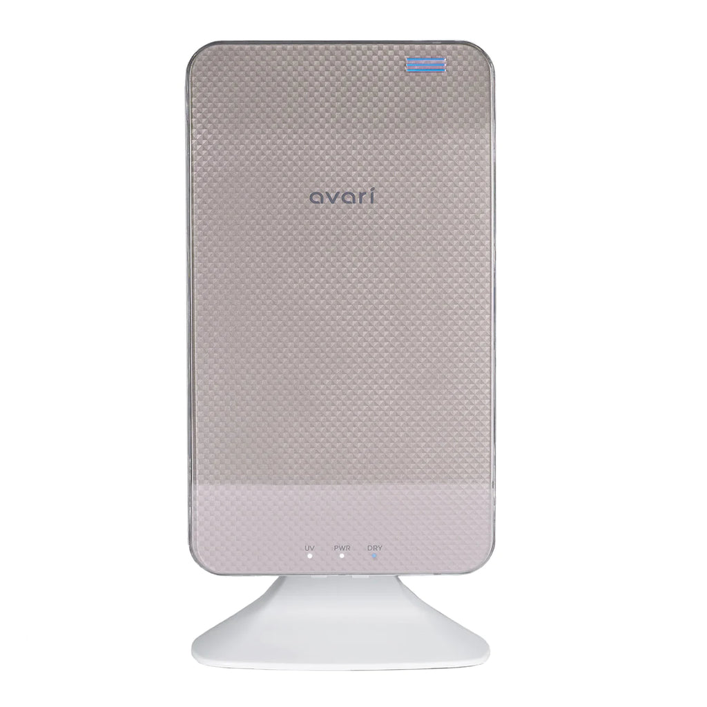 Avari TS UV Light Toothbrush Sanitizer with a stand, against a white background.