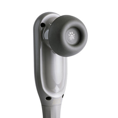 Gray door handle with paw print design on a white background